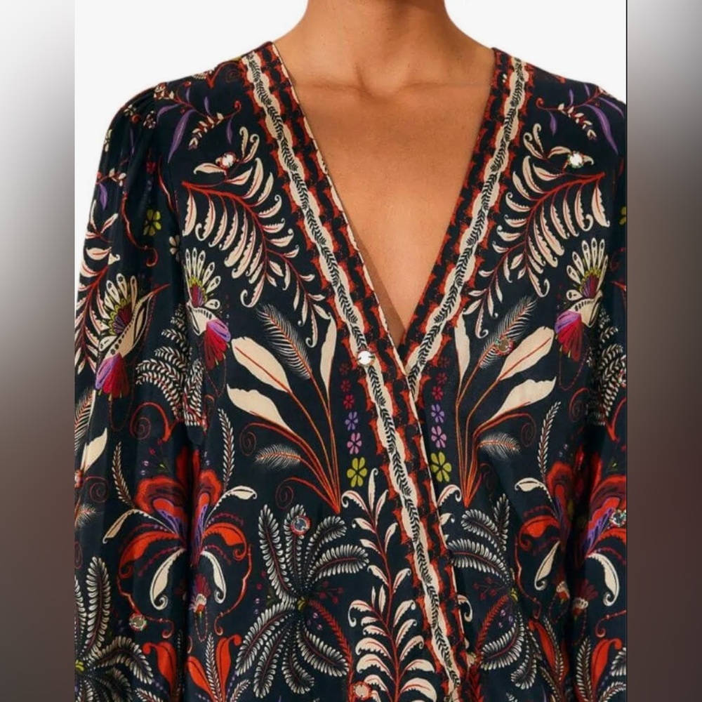 Farm Rio NWT Garden Print Black Long Sleeve Floral Mirror Beaded Button Blouse - Picture 5 of 14